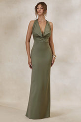 Aralisse | Khaki Satin Cowl-Neck Maxi Dress