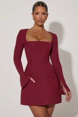 Square-Neck Structured Tulip Mini Dress In Wine Red
