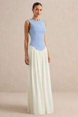 Iliana | Powder Blue And White Crew-Neck Maxi Dress With Drop-Waist And Pleated Skirt