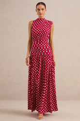 Kelis | Red Polka-Dot High-Neck Maxi Dress With Draped Detailing