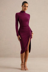 Faylinn | Burgundy High-Neck Midi Dress With Draped Detailing And Front Split