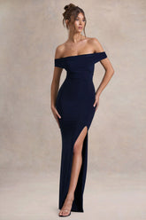 Law Of Attraction | Navy Bardot Draped Split Maxi Dress