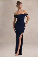 Law Of Attraction | Navy Bardot Draped Split Maxi Dress