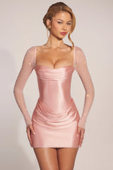 Embellished Long-Sleeve Draped Mini Dress In Blush Pink