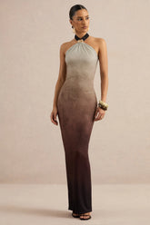 Thera | Brown Ombre Halter-Neck Maxi Dress With Gold Detail
