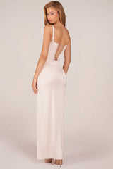 Corseted Thigh-High Split Maxi Dress In Pearl