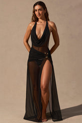 Cowl-Neck Plunge Maxi Dress In Black
