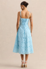Anna | Embroidered Powder Blue Square-Neck Midi Dress