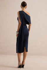 Madelisse | Navy Asymmetric-Neck Midi Dress With Sash