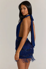 Fringed Skirt Halterneck Mini Dress In Cobalt Blue