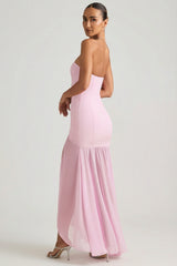 Asymmetric Strapless Fishtail Maxi Dress In Soft Pink