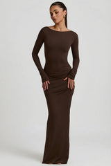 Modal Ruched Backless Maxi Dress In Chocolate Brown