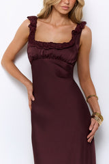 Dressed For Desire Satin Midi Dress Brown