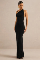 Delisse | Black Asymmetric-Neck Maxi Dress