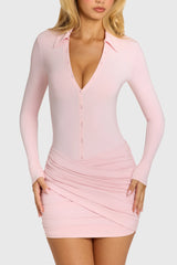 Button Front Long-Sleeve Mini Dress In Baby Pink