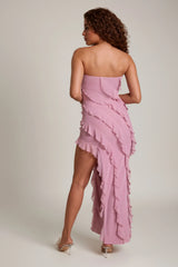 Bandeau Ruffle Detail Maxi Dress In Dusty Pink