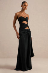 Alinae | Black Satin Bandeau-Neck Maxi Dress With Body Cut-Outs