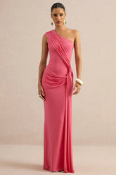 Lunoria | Coral Asymmetric-Neck Maxi Dress With Gathered-Detailing