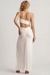 Textured Jersey Asymmetric Maxi Dress In White