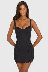 Ponte Lace-Trim Peekaboo Mini Dress In Black Pinstripe