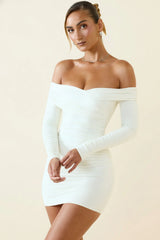 Off-Shoulder Ruched Bodycon Mini Dress In Vanilla