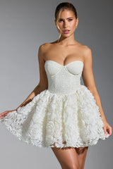 Embellished Floral-Appliqué Lace-Up Mini Dress In White