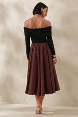 Frederica | Black And Brown Bardot-Neck Midi Dress