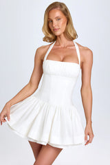 Ruched Halterneck Mini Dress In White