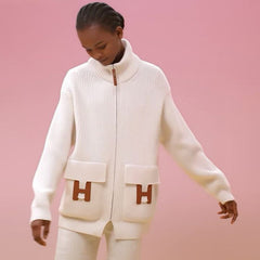 Hermes Women's Fall/Winter Fashion Casual High Neck Zipper Solid Color H Pocket Wool Sweater Coat Jacket #79264
