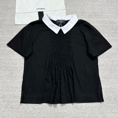 Chanel Women's Spring And Summer Pleated Short Sleeved Color Blocked Lapel Cotton Pullover T-Shirt Top Shirt Ngvp #2593