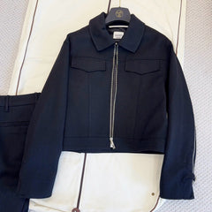 Hermes Women's Workwear-Style Fall/Winter Lapel Zipper Denim Short Jacket with Casual Solid-Color Mid-Length Pants Ngvp #2587