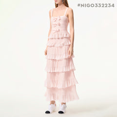 Chanel 25K Solid Color Pleated Knitted Design Suspender Long Dress Mohair And Silk Light Pink #332234