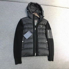 Prada Men's Fall/Winter Fashion Casual Classic Logo Triangular Enamel Emblem Hooded Zipper Patchwork Down Jacket #79548