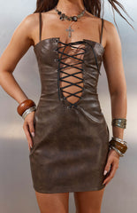 Britany Vintage Brown Pu Lace Up Mini Dress
