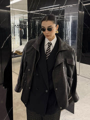 Saint Laurent Women's Bubbled Lambskin Bomber Jacket Spring/Fall Stand Collar Zipper Pilot Jacket Solid Color Motorcycle Leather Jacket Ngvp #2714