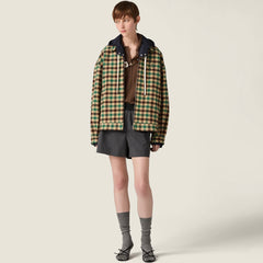 MiuMiu Women's Fall/Winter Lettering Eembroidered Logo Hood Zip Camel Green Navy Check and Technical Jacket #332611