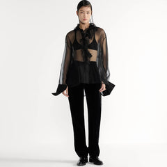 Dior Women's Translucent ShirtIn Black Mulberry Silk Organza Effect Fabric With Removable Ruffle Collar #332636