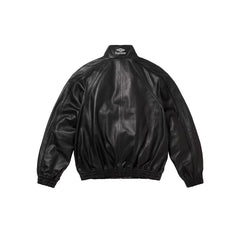 Supreme Men's And Women's Spring/fall Fashion Casual Solid Color High Neck Zipper Front Embroidered Logo Leather Jacket #79518