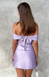 Primrose Purple Satin Off The Shoulder Mini Dress