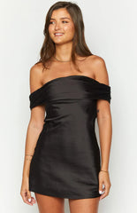 Primrose Black Satin Off The Shoulder Mini Dress