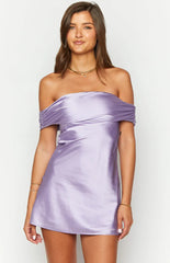 Primrose Purple Satin Off The Shoulder Mini Dress