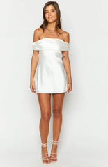 Primrose White Satin Off The Shoulder Mini Dress