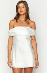 Primrose White Satin Off The Shoulder Mini Dress