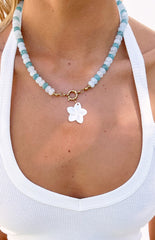 Roche Blue Beaded Flower Charm Necklace