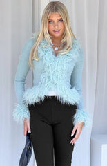 Violetta Mint Green Fur Trim Knit Cardigan