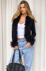 Violetta Black Fur Trim Knit Cardigan
