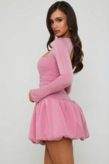 Long-Sleeve Bubble Hem Mini Dress In Mauve