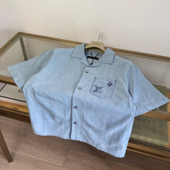 LOUIS VUITTON Embroidered Signature Chambray Short-Sleeved Shirt and Shorts #387209