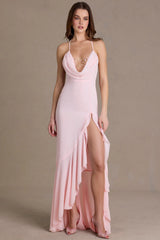 Chiffon Cowl-Neck Open-Back Gown In Baby Pink