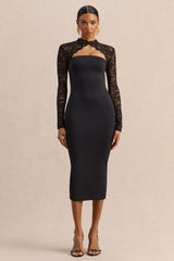 Arlune | Black High-Neck Midi Dress With Long Lace-Sleeves